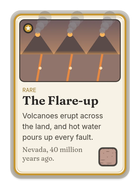 The Flare-up: volcanoes erupt across the land, and hot water pours up every fault. Nevada, 40 million years ago.