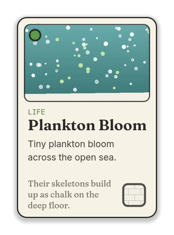 Plankton Bloom, a life card: tiny plankton bloom across the open sea.