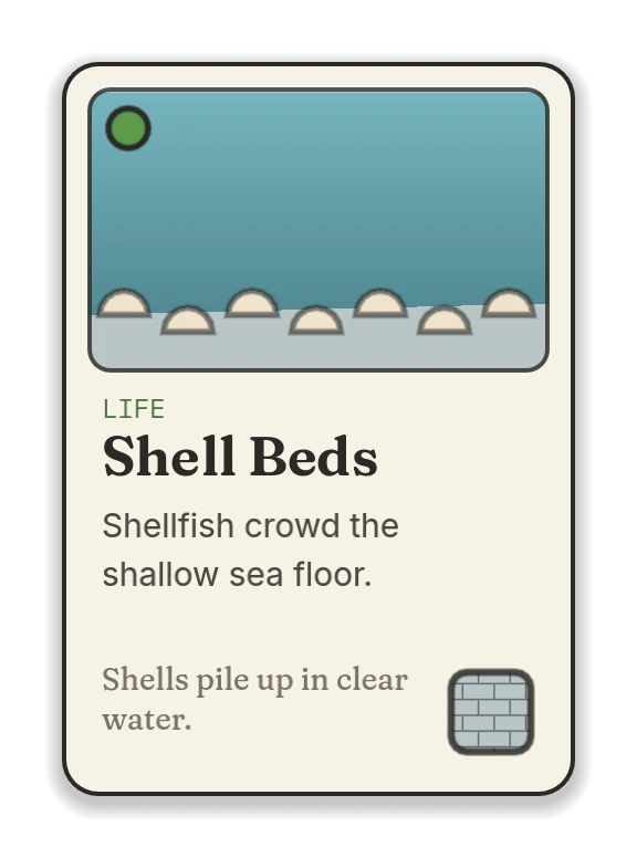 Shell Beds, a life card: shellfish crowd the shallow sea floor.
