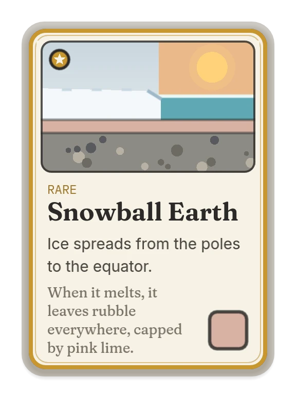 Snowball Earth: ice spreads from the poles to the equator. When it melts, it leaves rubble everywhere, capped by pink lime.