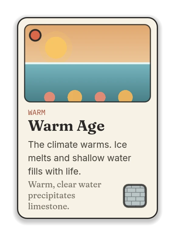 Warm Age, a warm card: the climate warms. Ice melts and shallow water fills with life.