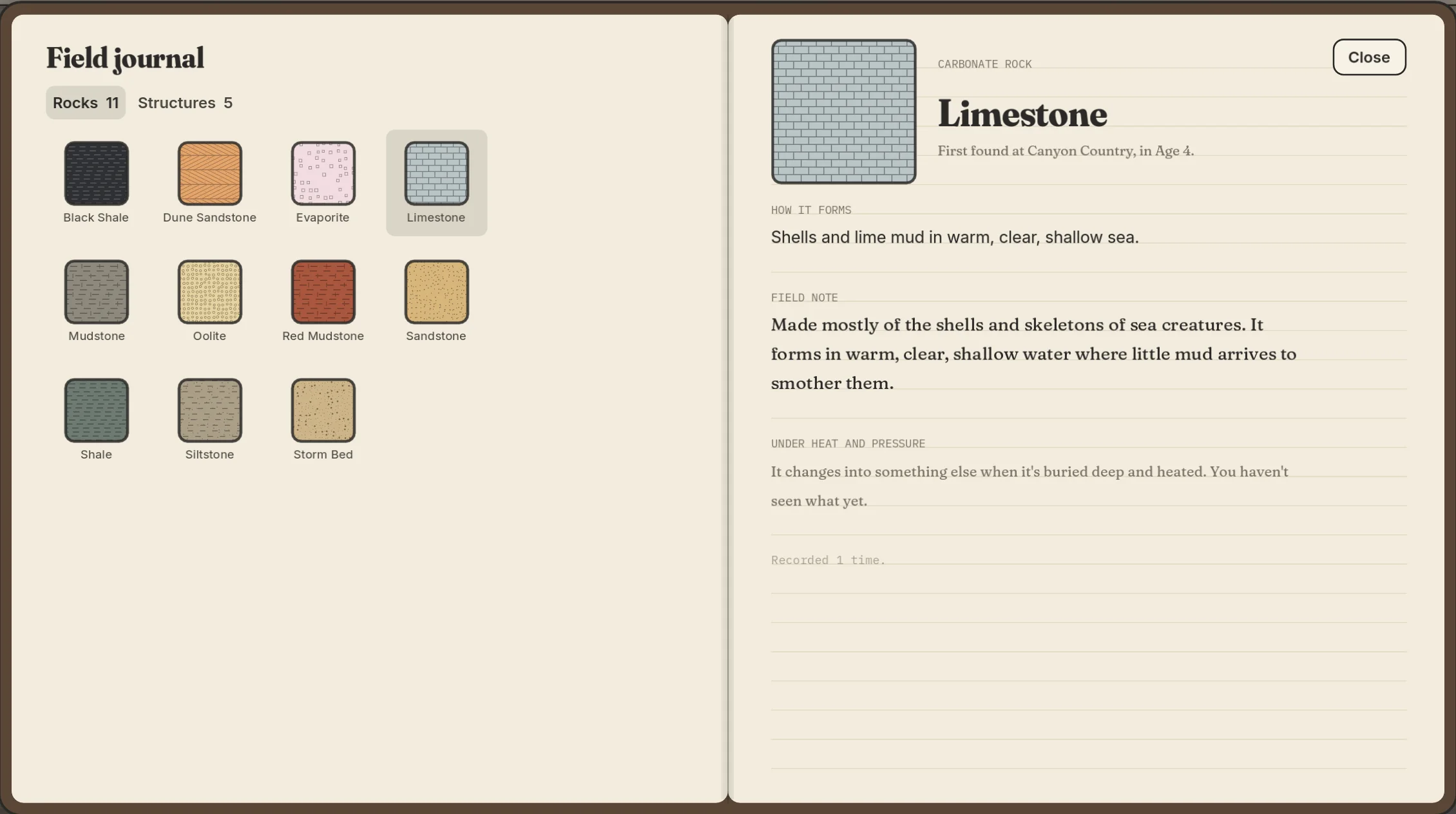 The field journal open at Limestone: how it forms, a field note, and a hint that it changes into something else when buried and heated.