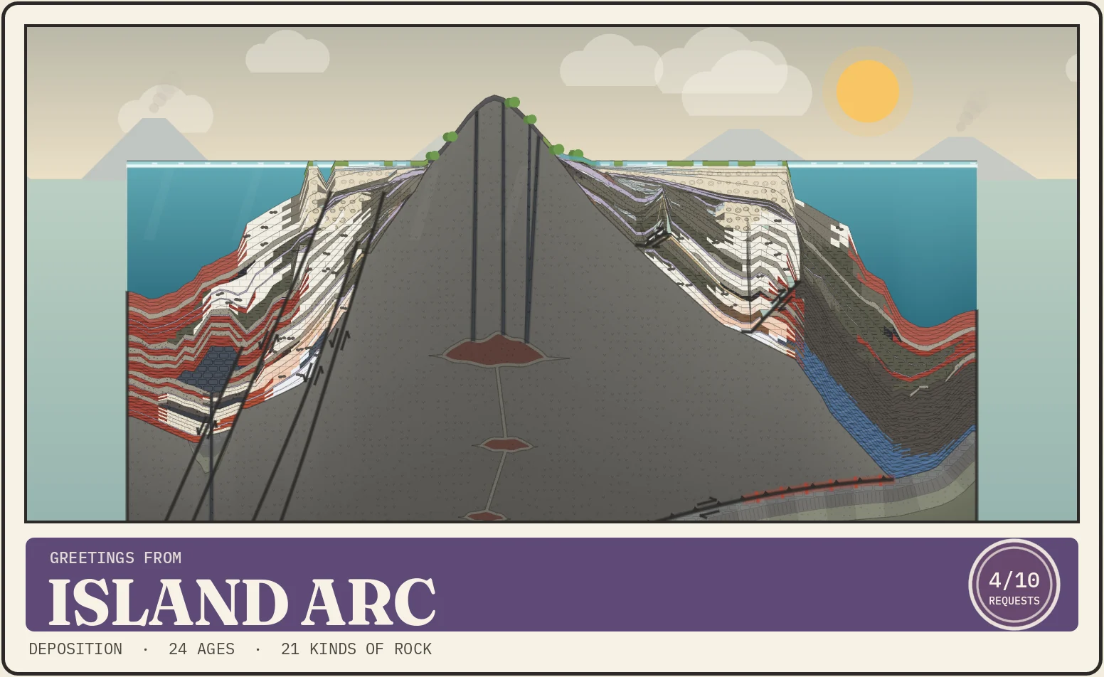 Postcard from the Island Arc: a volcano in the middle of the section, a basin of red chert behind it, and a trench of blue rock in front.