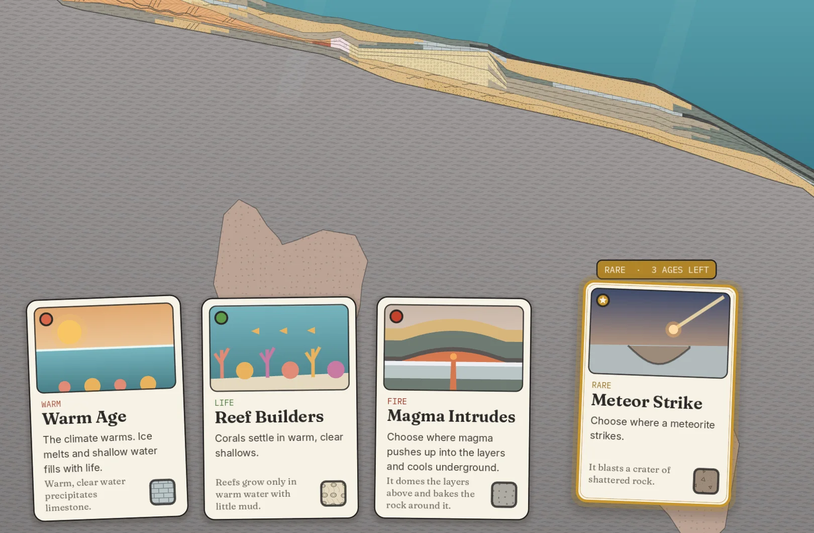 The hand in Canyon Country with a fourth card beside it: Meteor Strike, gilded, lifted, and tagged Rare, 3 ages left.
